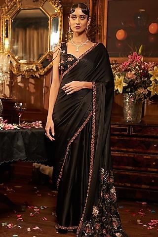 black silk satin hand embroidered saree set