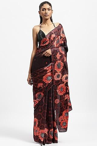 black silk satin phulkari embellished saree
