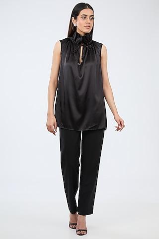 black silk satin ruffled sleeveless top