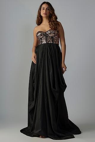 black silk sequins embroidered draped gown