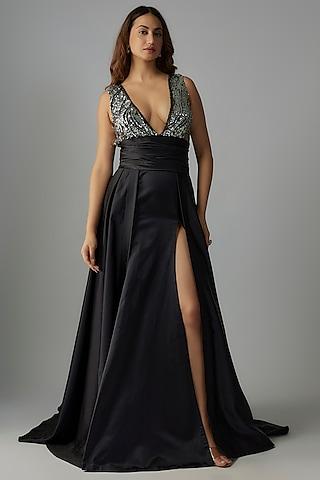 black silk sequins embroidered gown