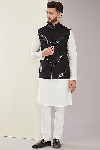 black silk sequins embroidered nehru jacket