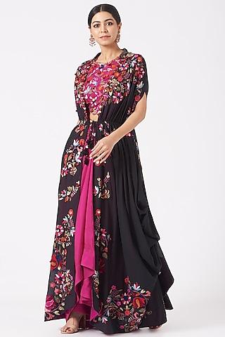 black silk thread embroidered kaftan cape set