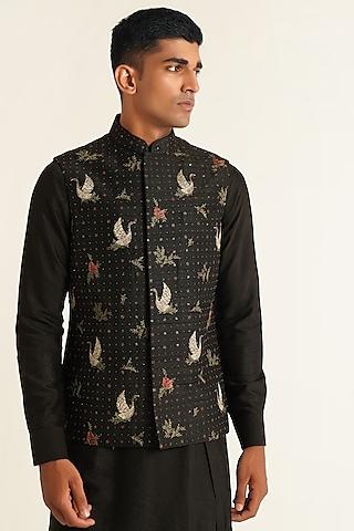 black silk thread embroidered nehru jacket