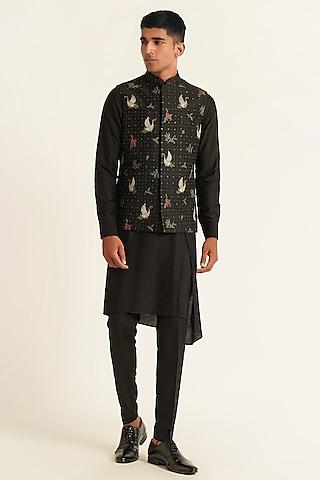 black silk thread embroidered nehru jacket