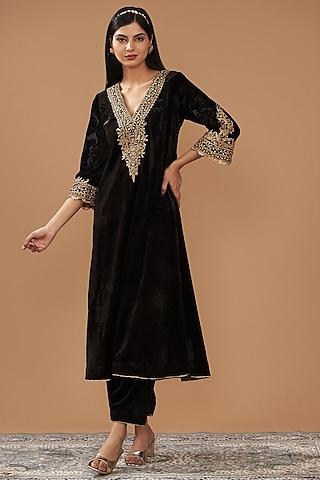 black silk velvet hand & machine embroidered long choga kurta set