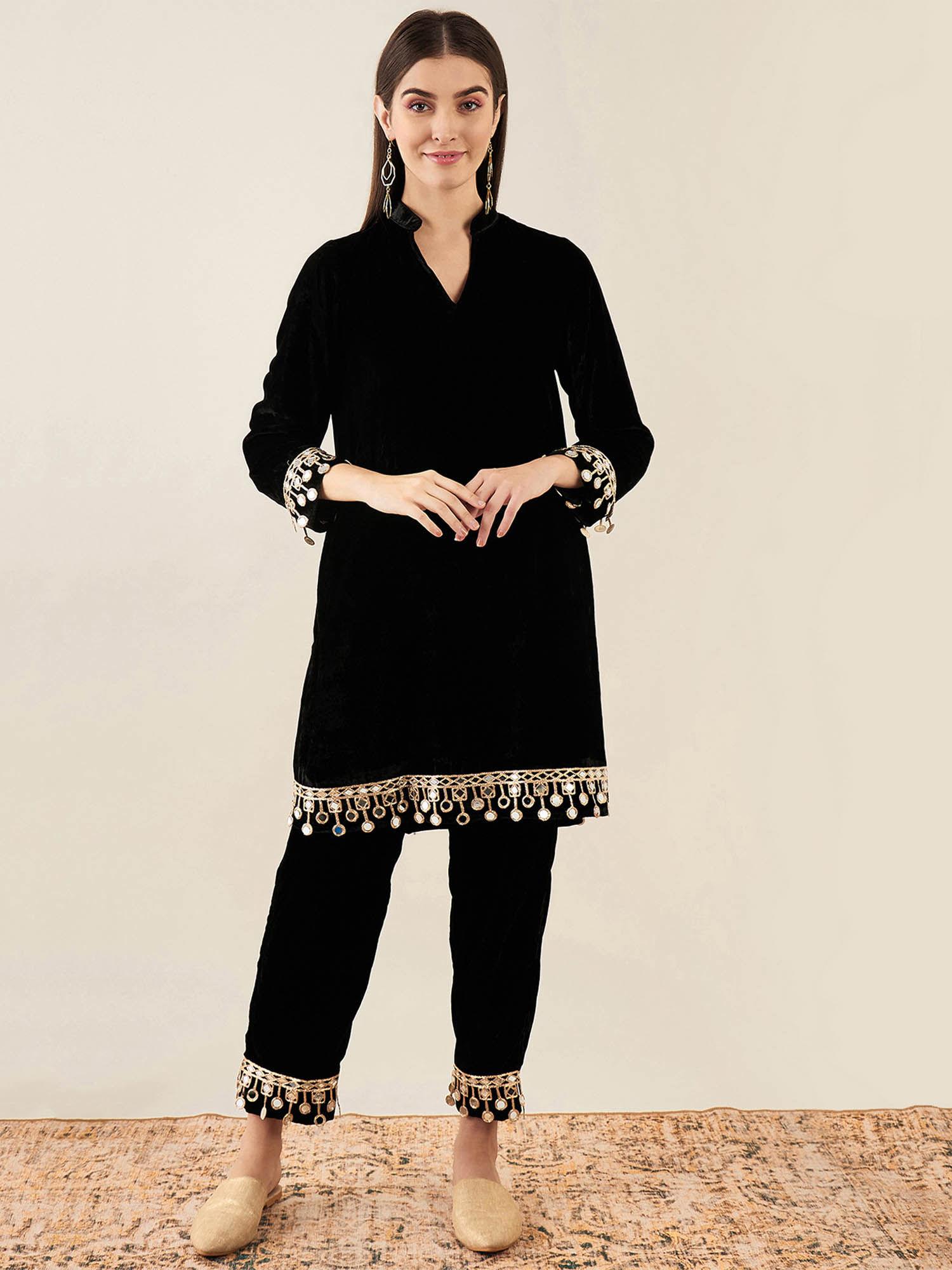 black silk velvet kurta & straight pant with mirror (set of 2)
