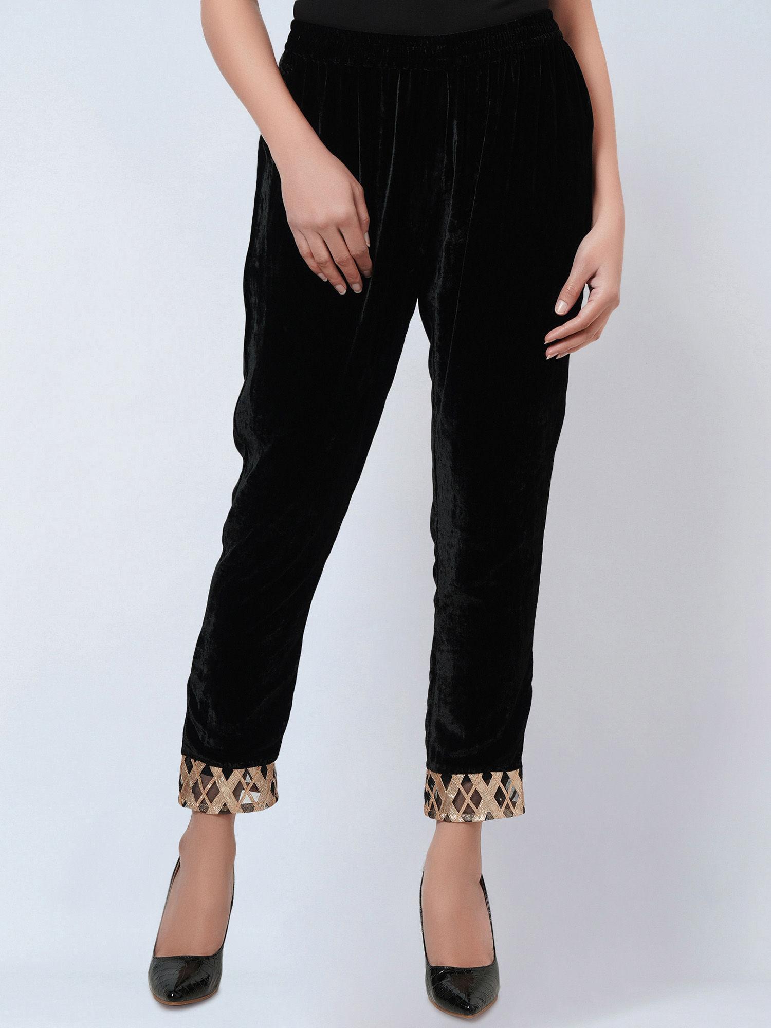 black silk velvet straight pant with gota lace detail