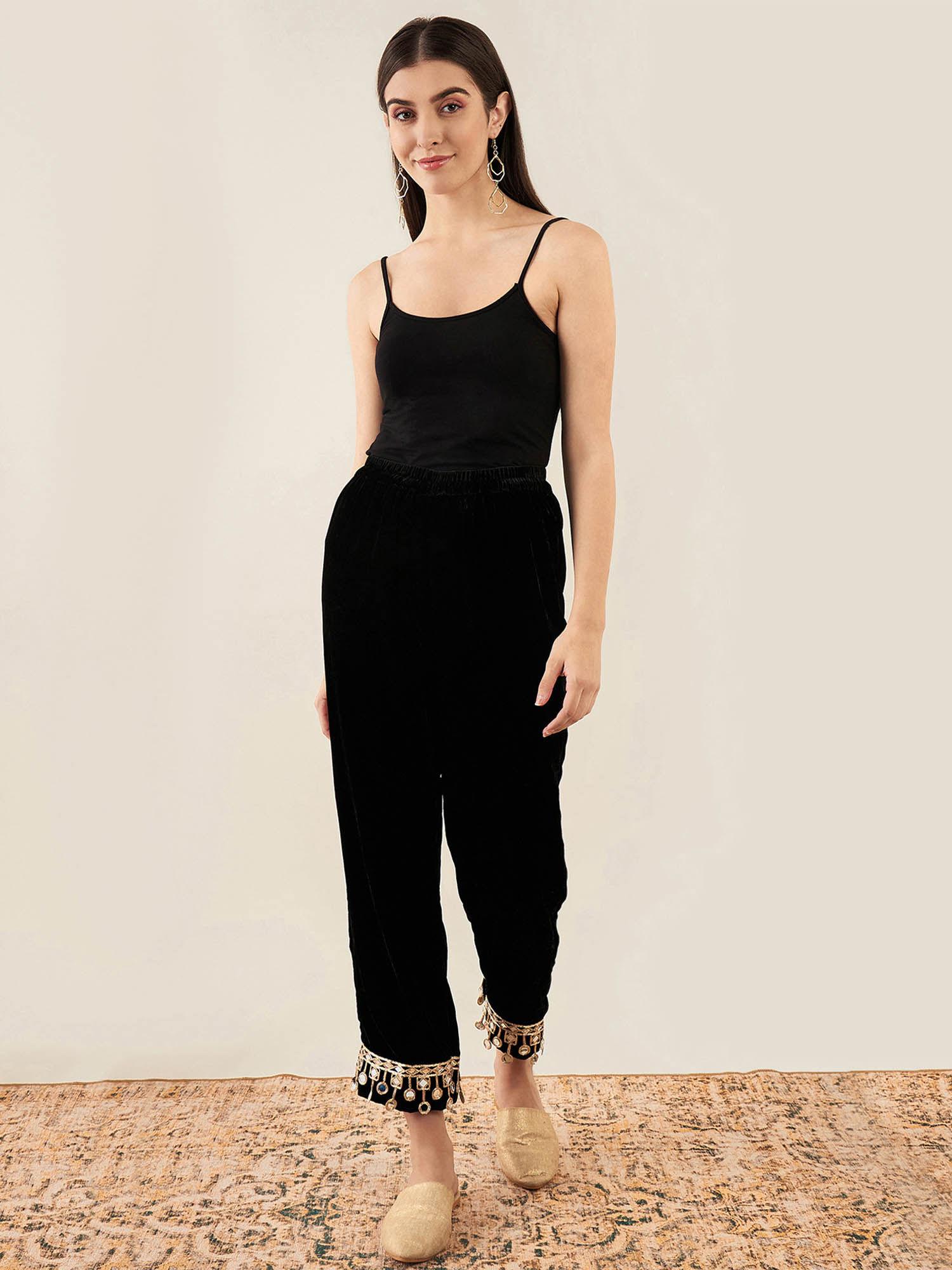 black silk velvet straight pant with mirror lace detail