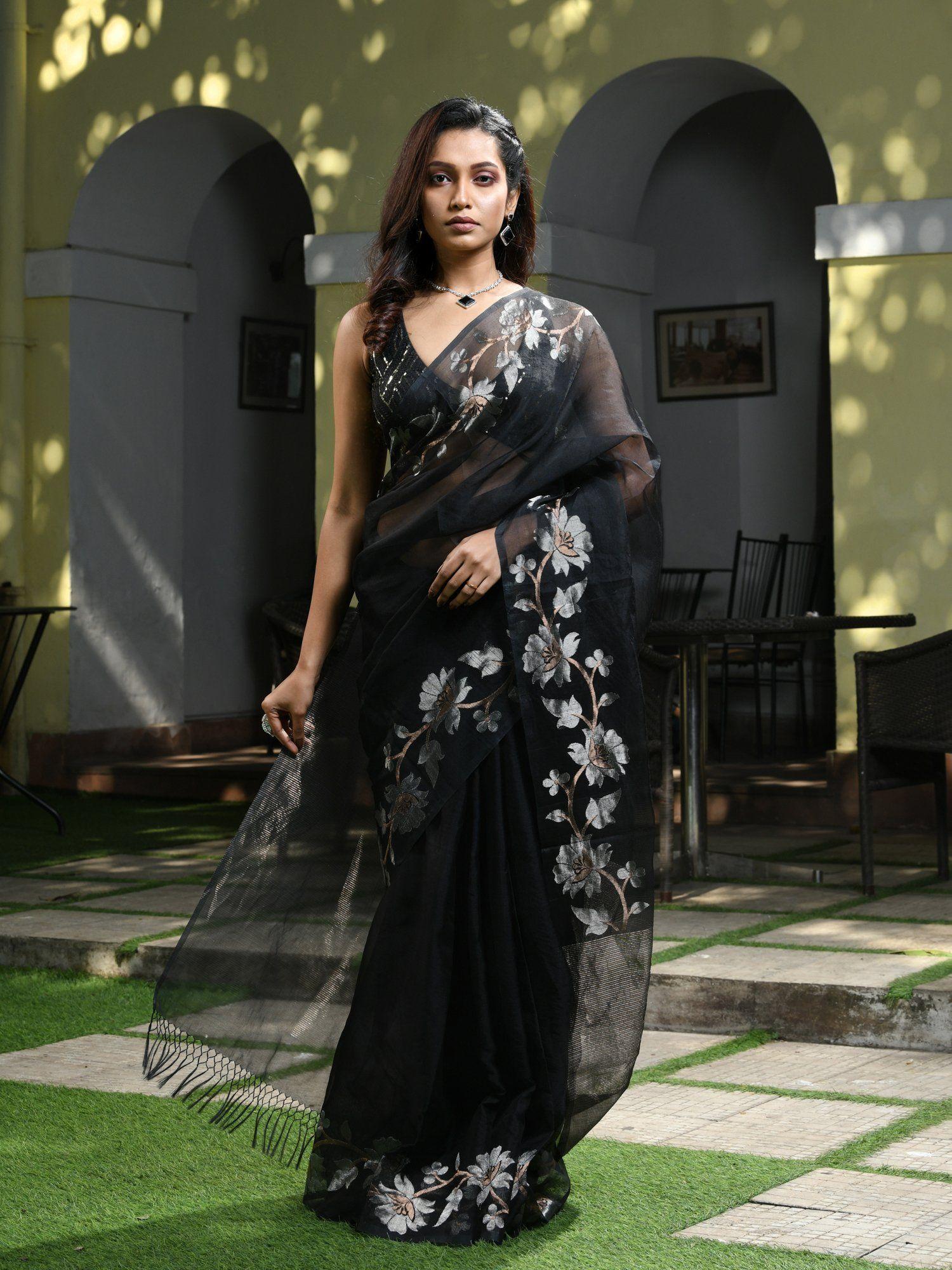 black silk white flowers motive handwoven muslin saree with unstitched blouse