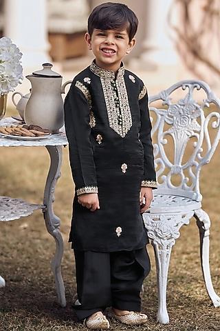 black silk zari & thread embroidered kurta set for boys