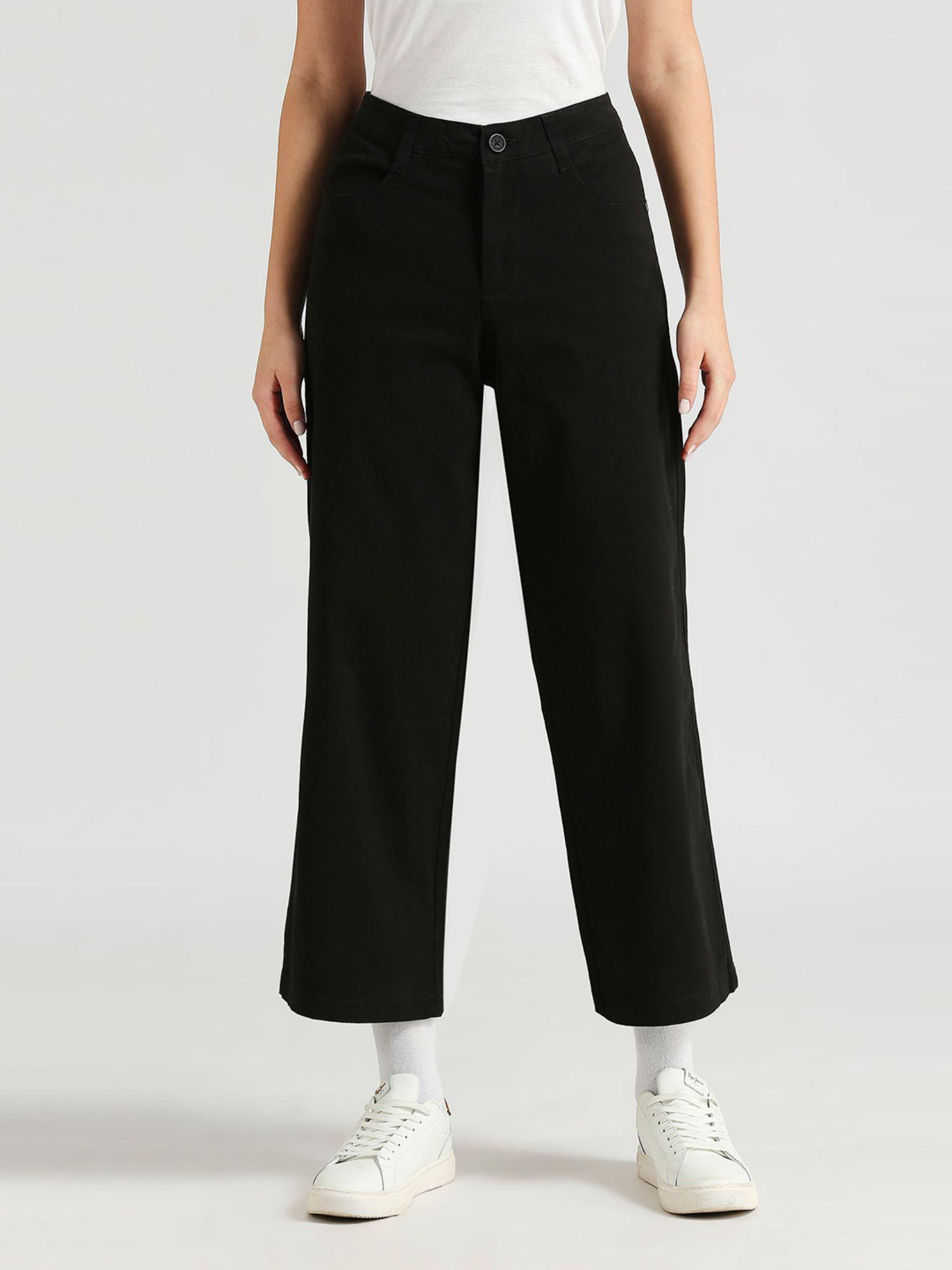 black siria regular fit straight wide leg pants with round pockets