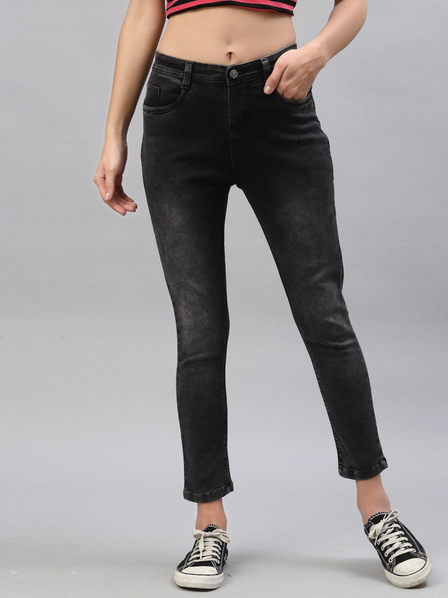 black skinny fit light fade stretchable cropped jeans