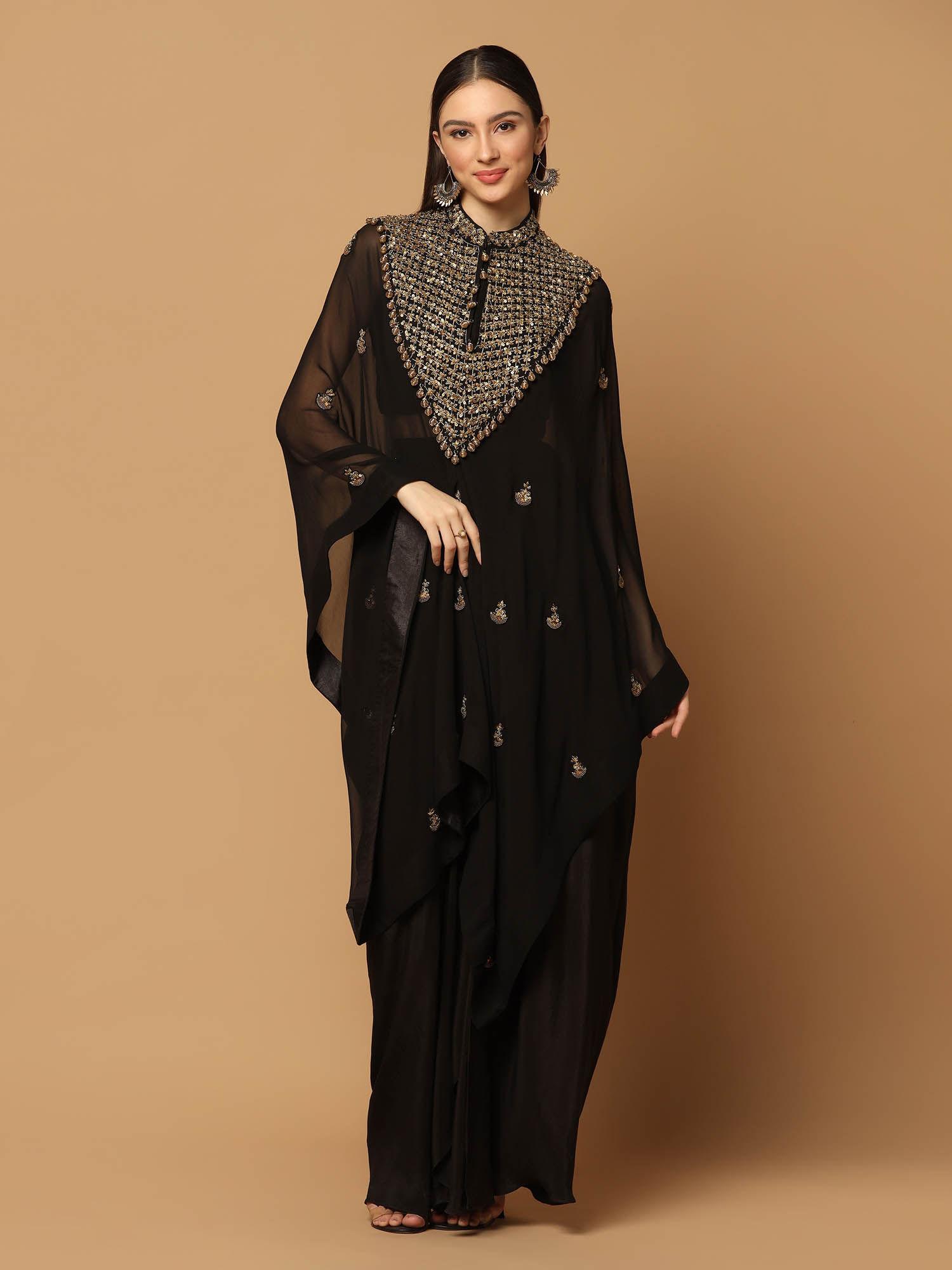 black skirt with embroidered kaftan cape and bustier (set of 3)