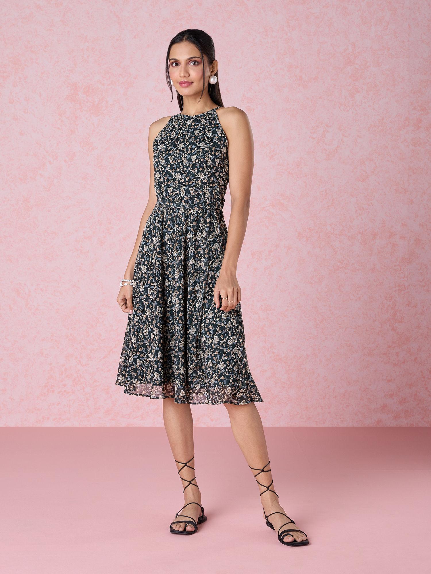 black sleeveless floral knee midi dress