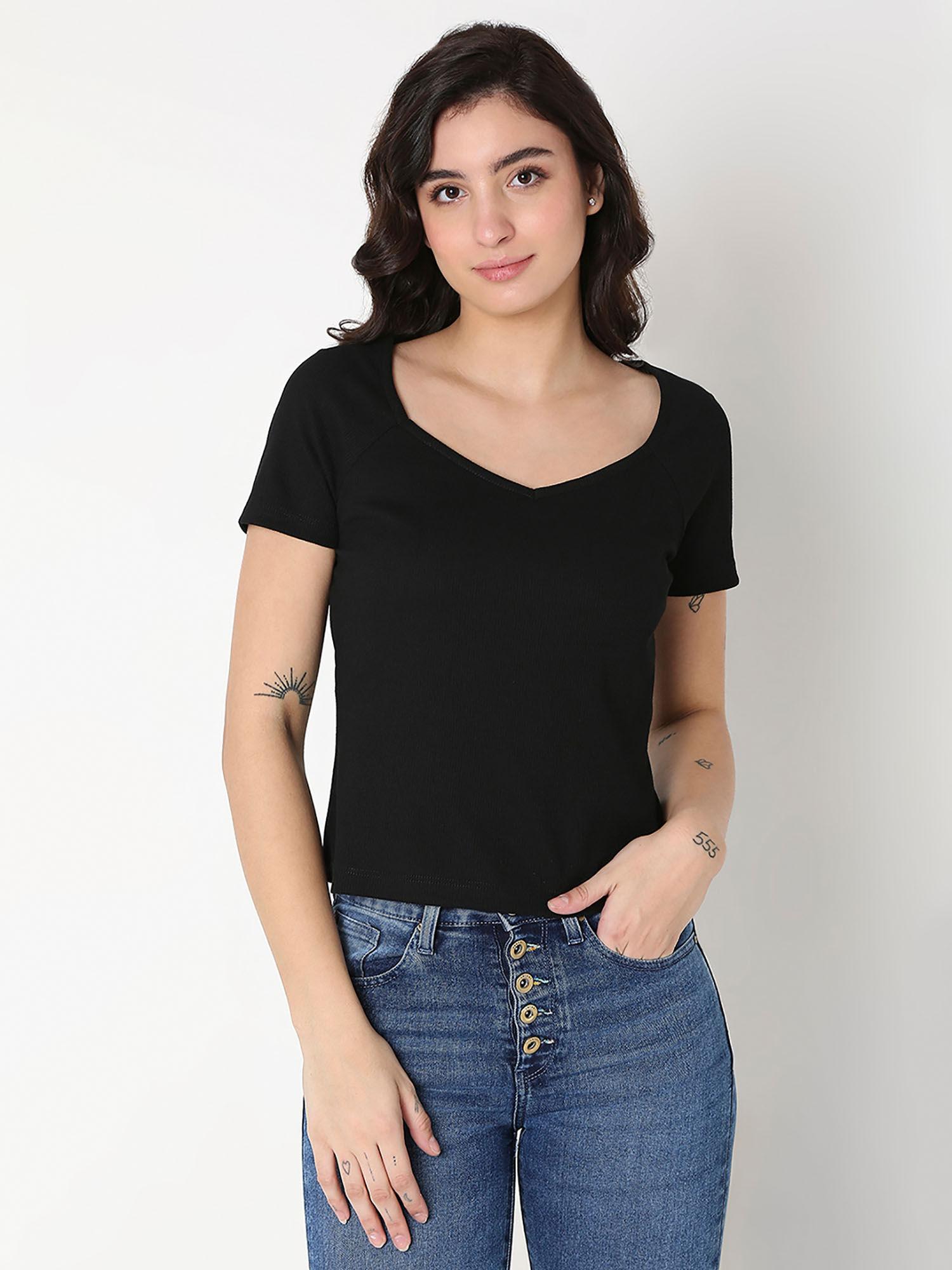 black slim fit half sleeve solid top for women