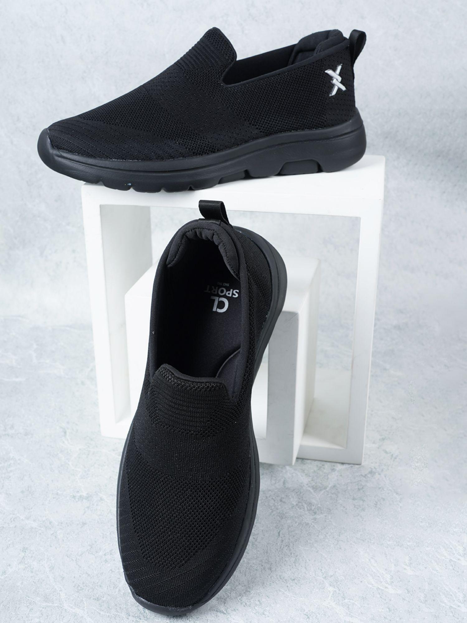 black slip-on woven design sneakers