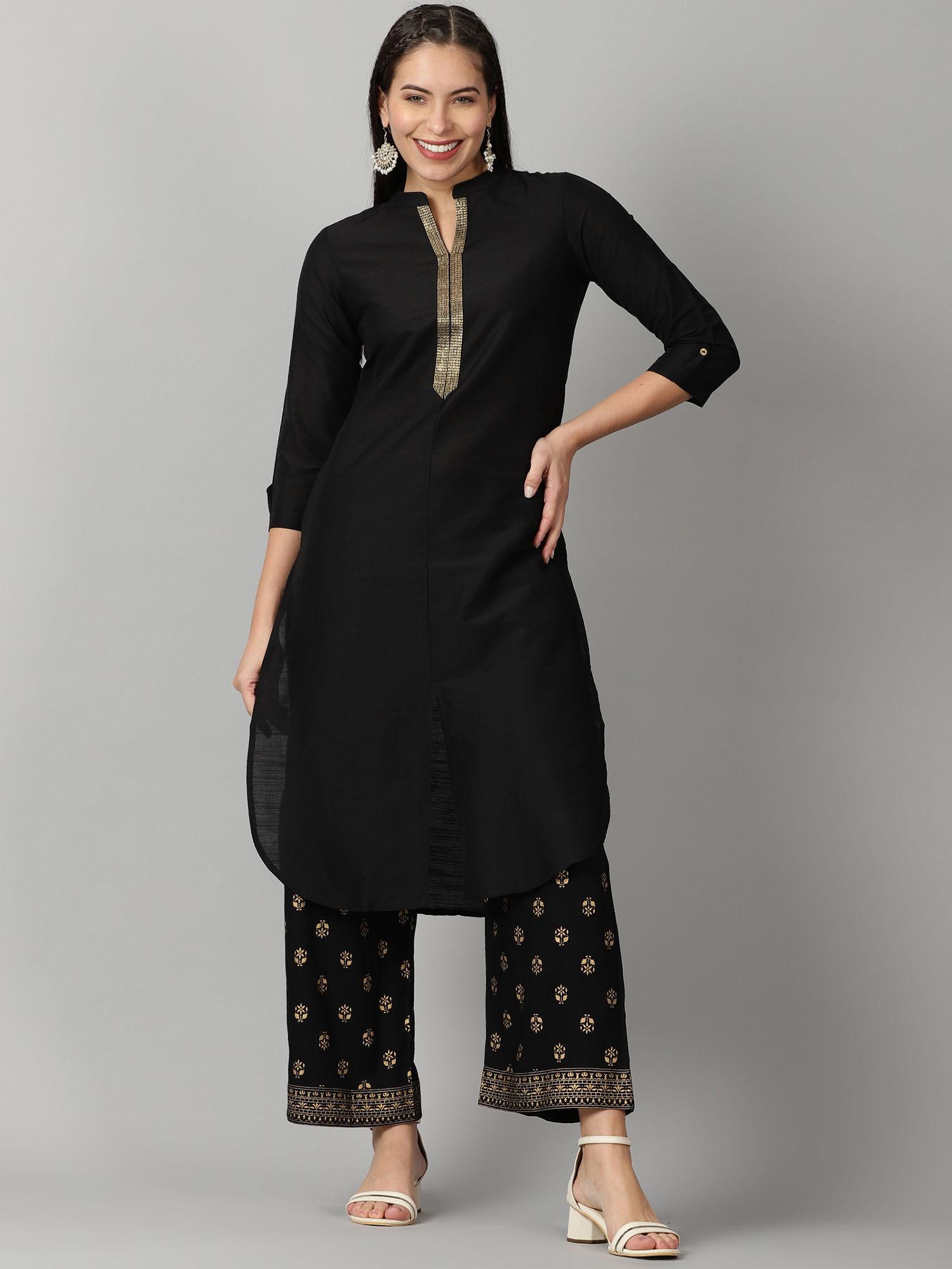 black slob kurta with gold embroidered on neck