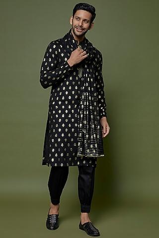 black slub cotton silk printed kurta set