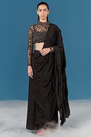 black smocked draped saree