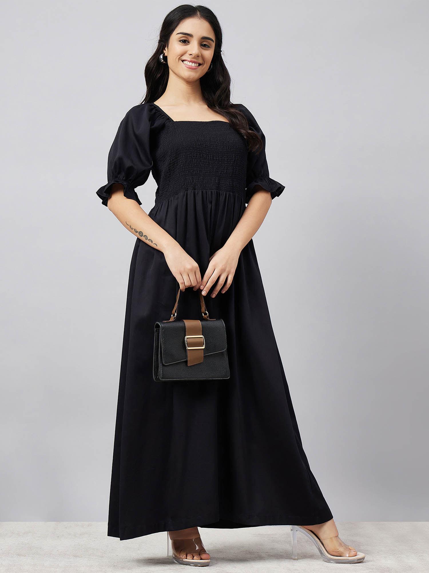 black smocked maxi dress