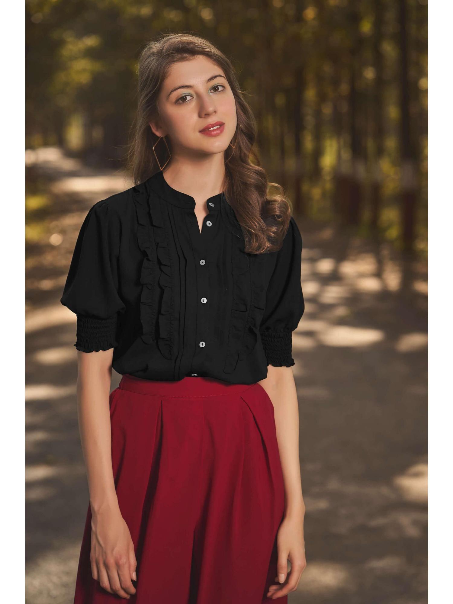 black smocked puff sleeve ruffle work top