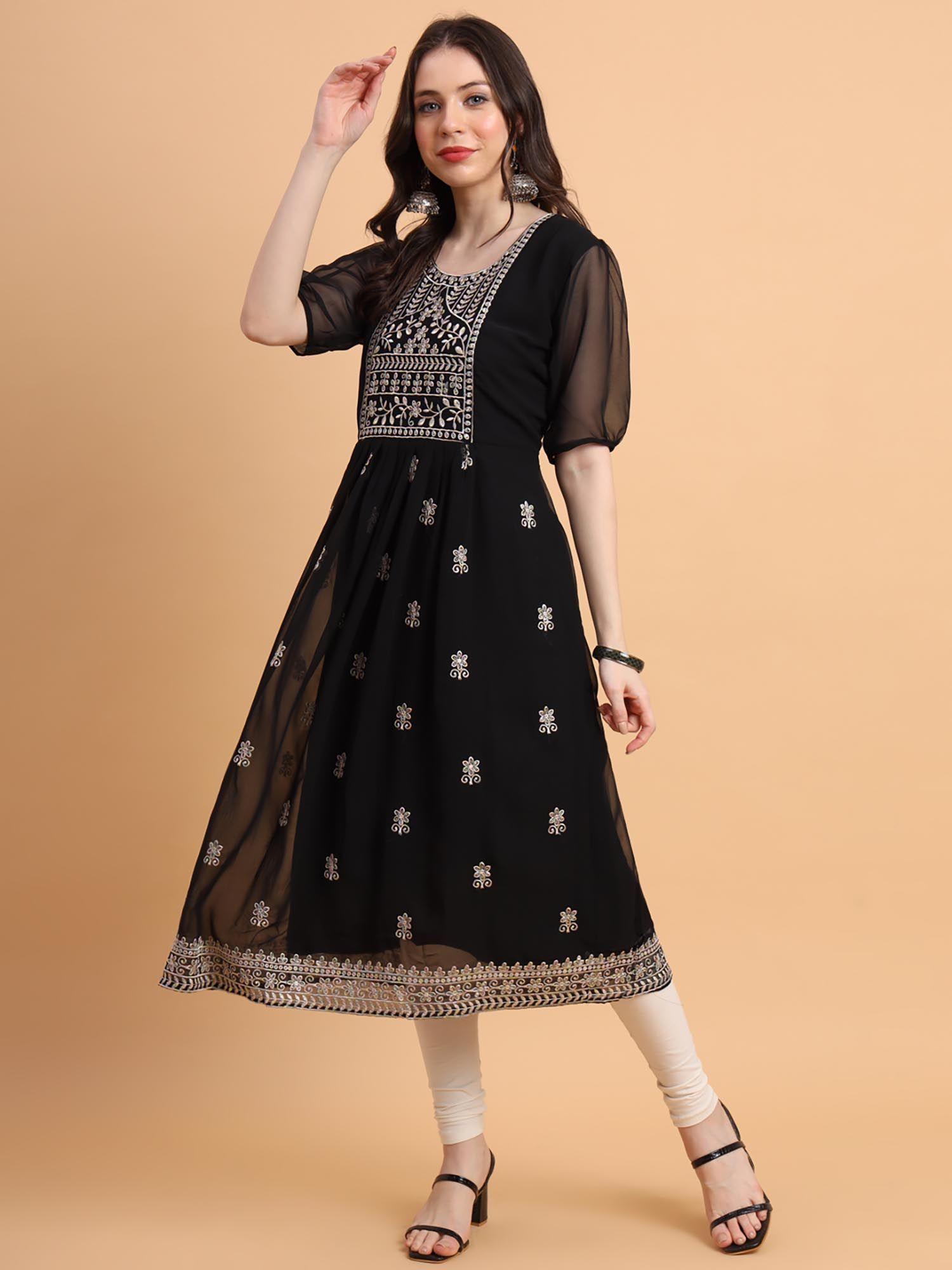 black soft georgette kurta embroidery work anarkali kurta