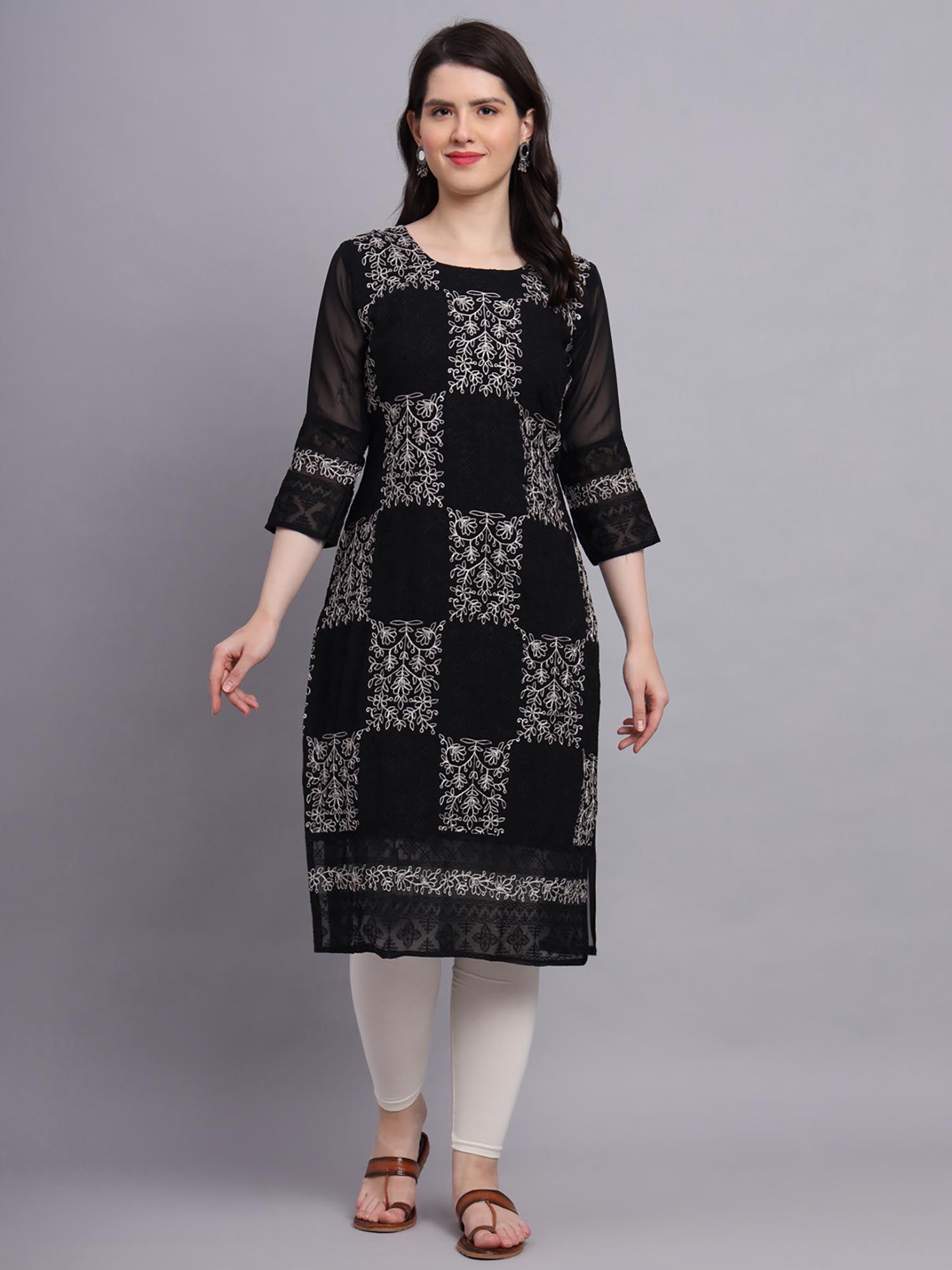 black soft georgette kurta with lucknowi chikankari work straigh kurtas