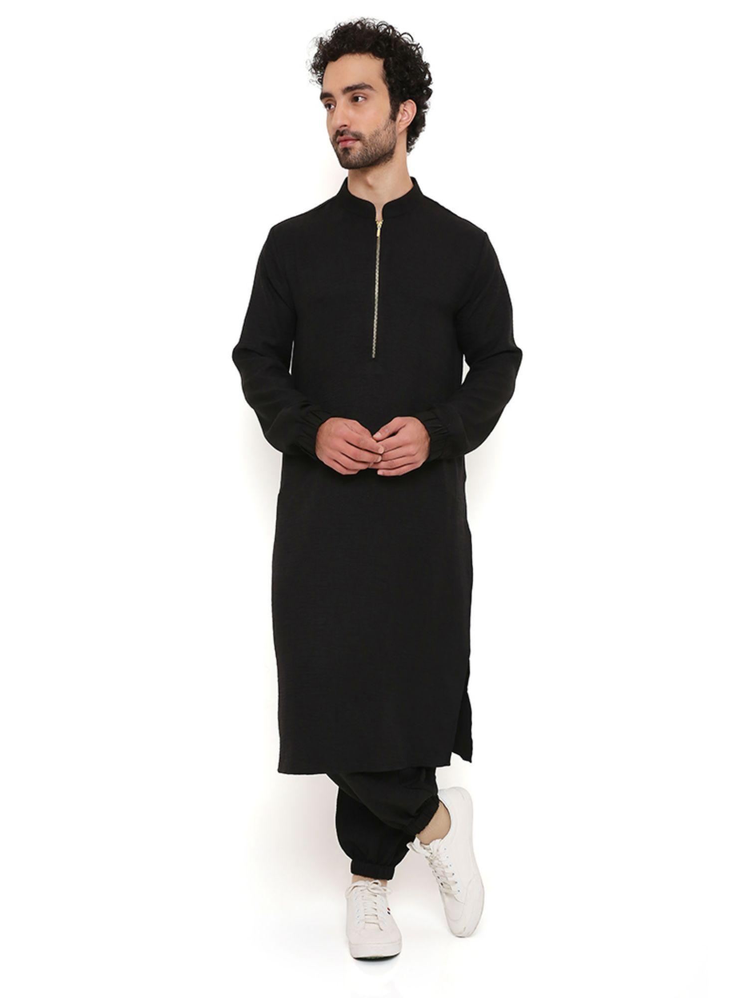 black soft linen bomber kurta with jogger pant (set of 2)