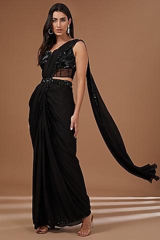 black soft net bead embroidered draped saree set