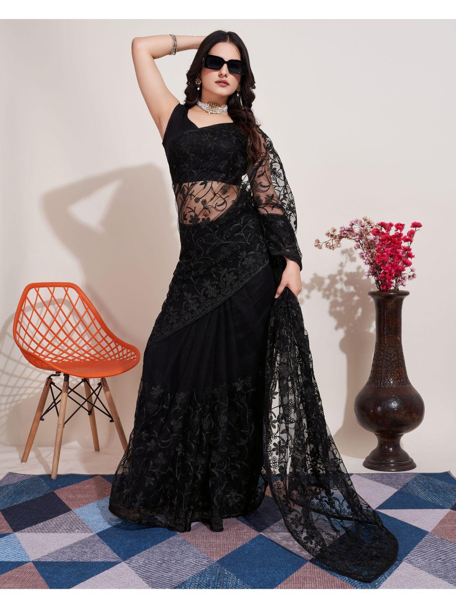 black soft net embroidery saree & mono banglory with unstitched blouse