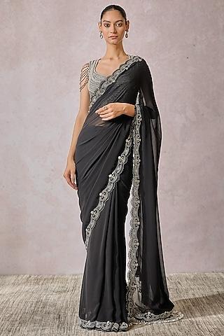 black soft net french lace embroidered draped saree set