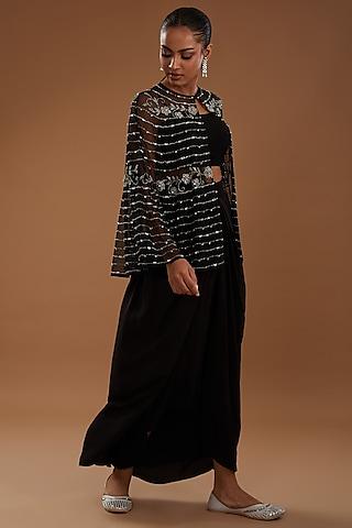 black soft net hand embroidered cape set