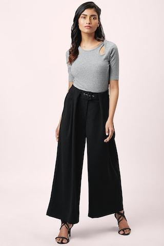 black solid ankle-length casual women comfort fit trouser