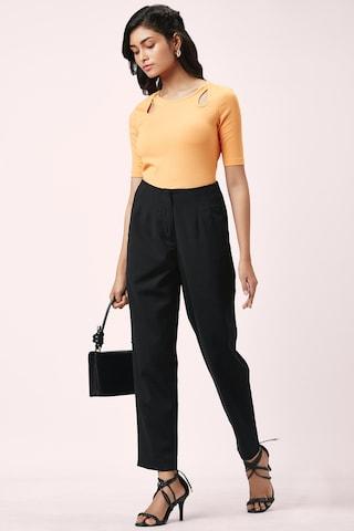 black solid ankle-length casual women comfort fit trouser
