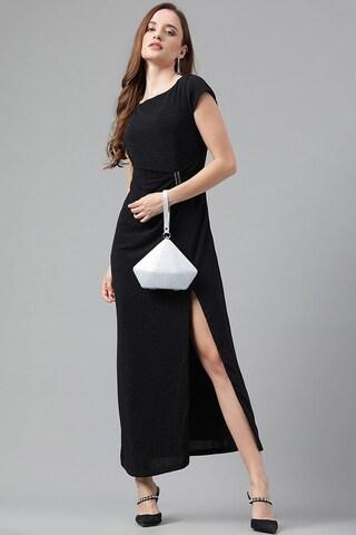 black solid ankle-length casual women flared fit dress