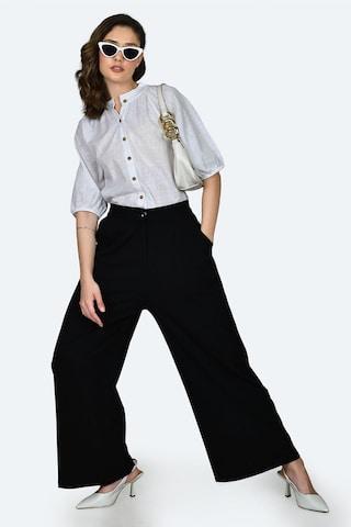 black solid ankle-length casual women regular fit trousers