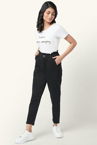 black solid ankle-length high rise casual women comfort fit trousers