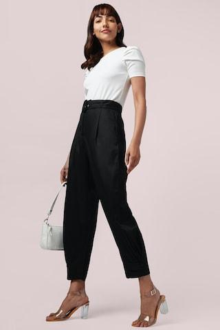 black solid ankle length high rise casual women regular fit trousers
