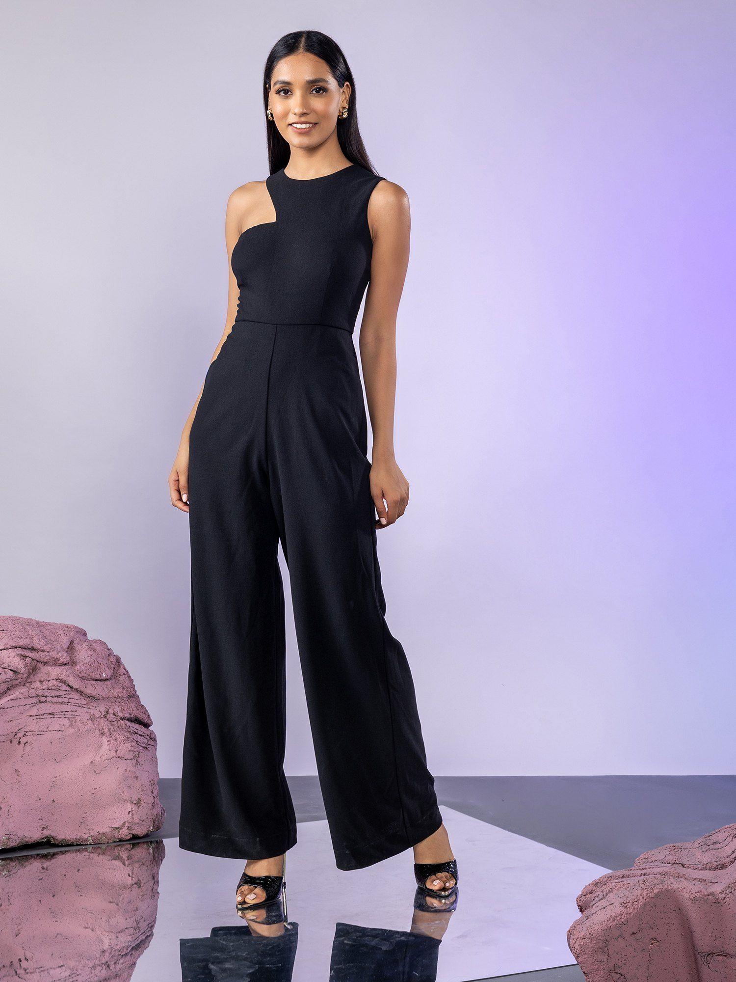 black solid asymmetric neck jumpsuit