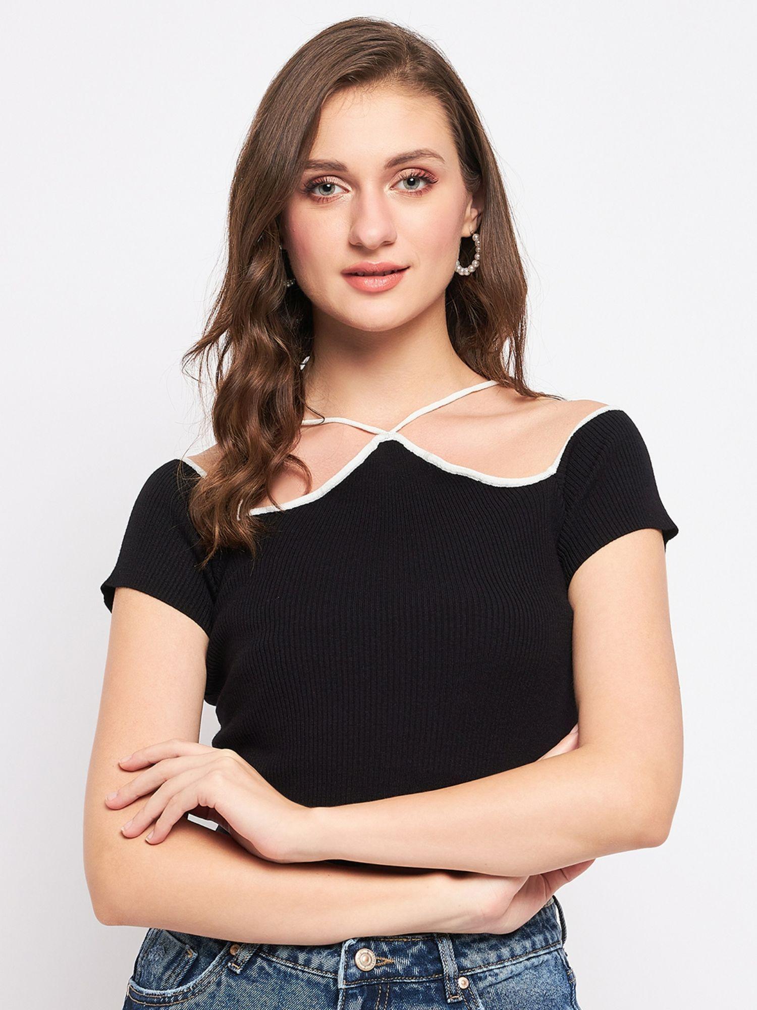 black solid asymmetrical neck crop tops