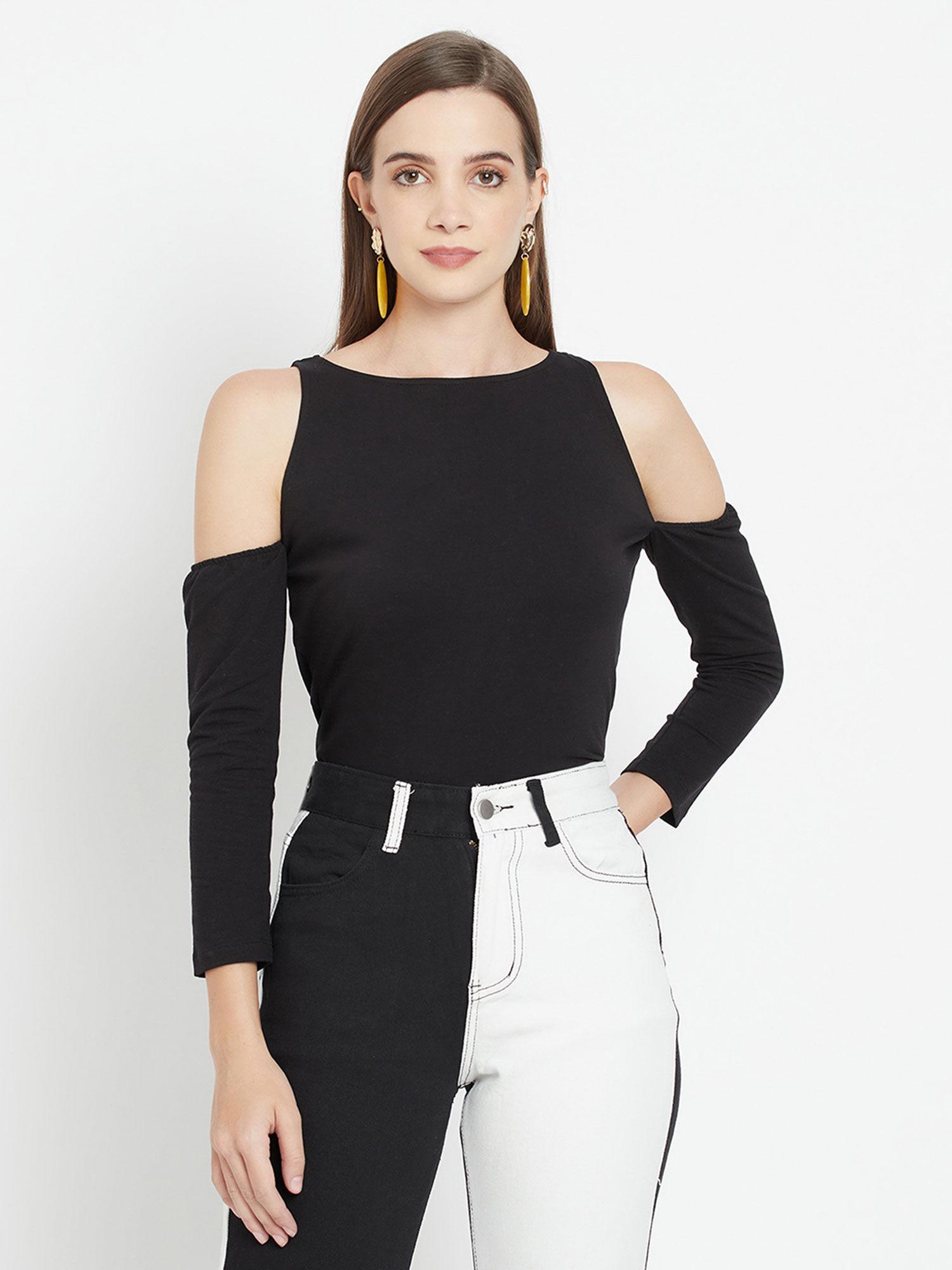 black solid black ribbed bodyfit top with cold shoulder sleeves