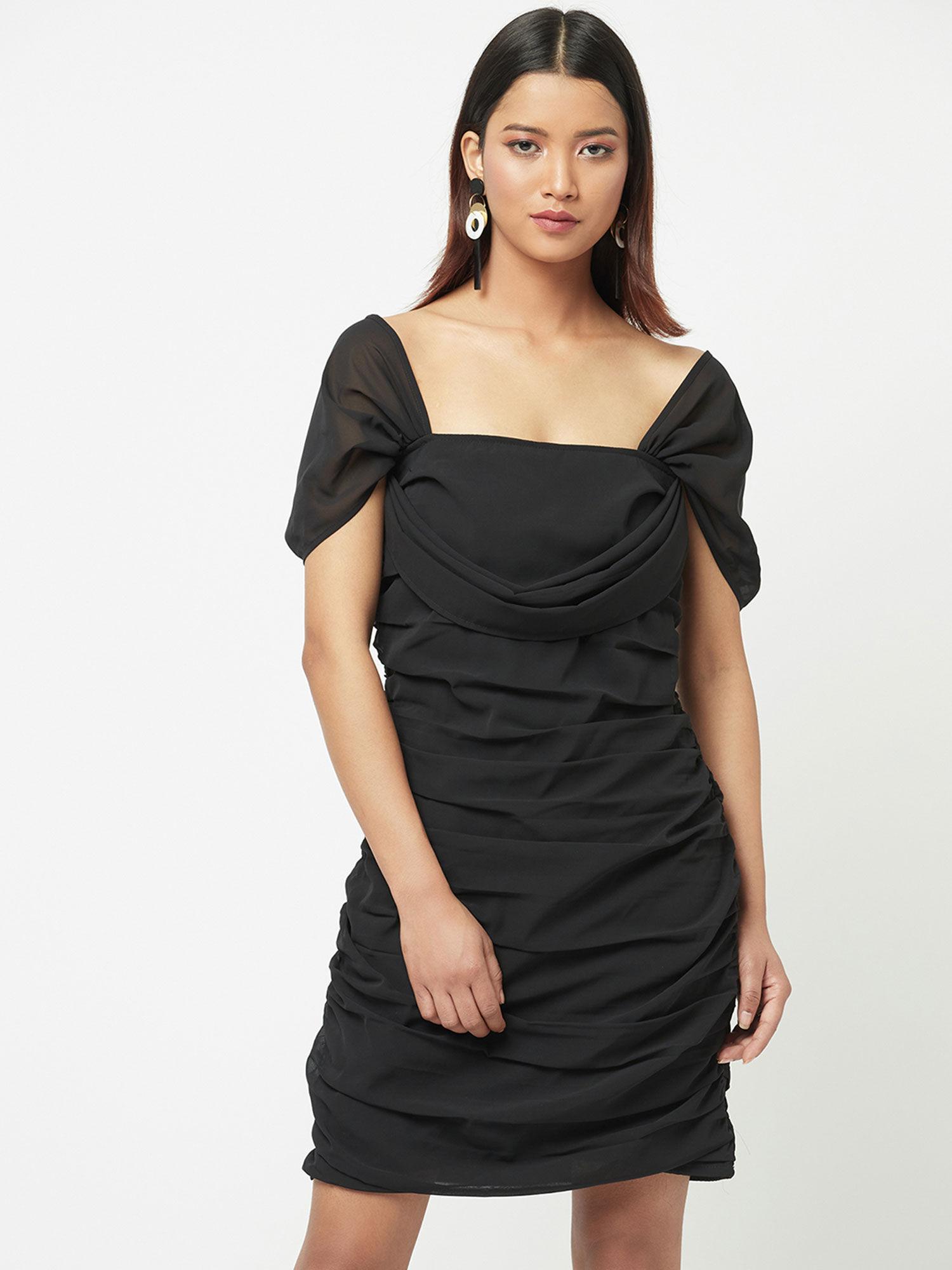 black solid black slim off shoulder dress