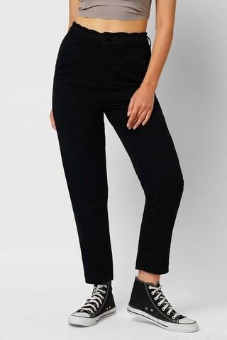 black solid blended women cargo fit trousers