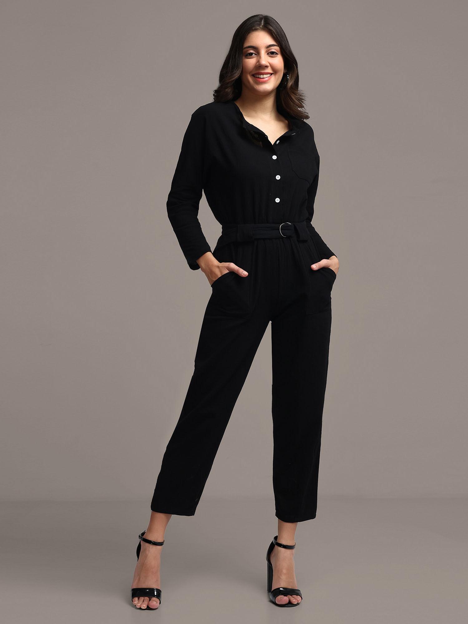 black solid boiler oversize pockets button down jumpsuit (set of 2)