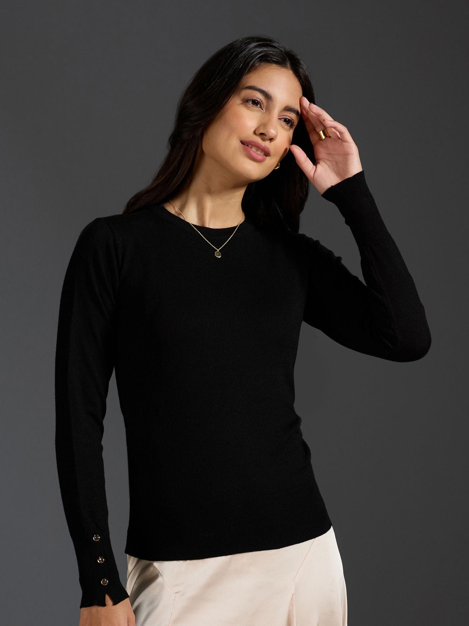 black solid buttoned cuffs sweater top