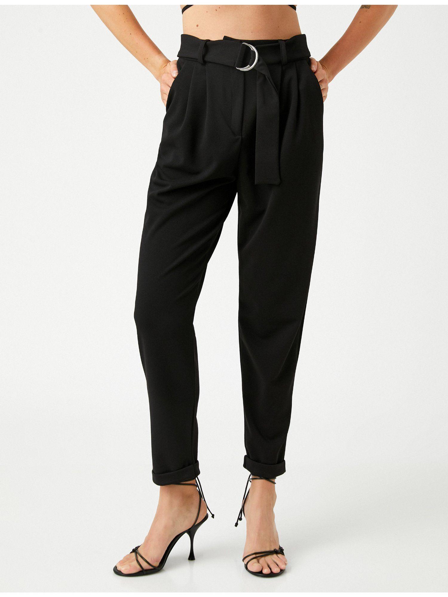 black solid casual flat front trousers with belt