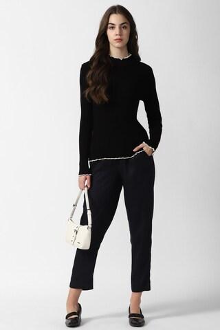 black solid casual full sleeves mock neck women regular fit top