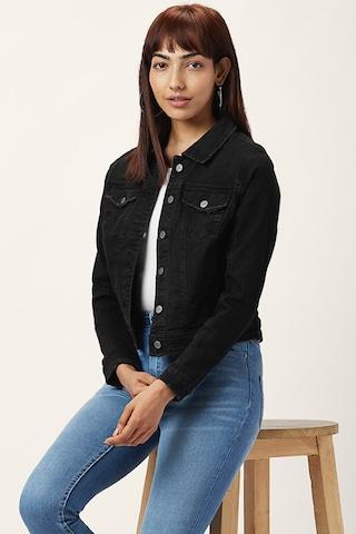 black solid casual full sleeves regular collar women regular fit jacket