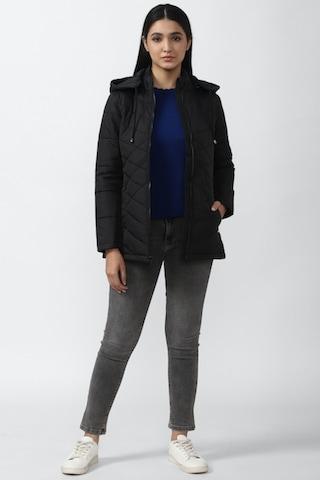 black solid casual full sleeves regular hood women regular fit jacket